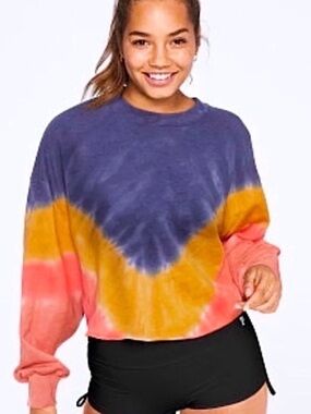 2/$30 - PINK Victoria's Secret Cropped Tie-Dye Sweatshirt - Navy, Gold & Coral